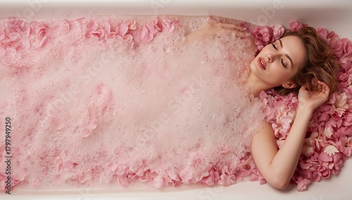 Relaxing Woman in Bathtub Filled With Rose Petals and Bubbles During a Serene...
