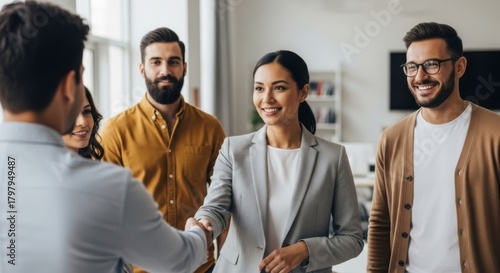 Diverse business team shaking hands in a modern office setting