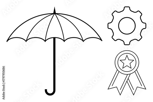 Open umbrella, gear, and star-shaped award ribbon reflect concepts of protection, innovation, and success. Ideal for insurance, security, technology, achievement strategy quality simplicity