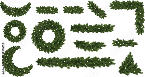 Set of realistic evergreen Christmas decorations with sparkling lights. Includes wreaths, garlands, and borders for festive holiday designs