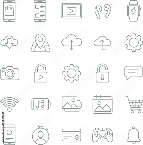 Adobe Illustrator ArtModern digital services and technology outline icon set for mobile applications, web design, ui/ux, and software interfaces, featuring essential user interface and device elemwork