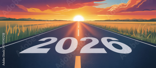 New year 2026 written on the road in the middle of asphalt road at sunset. Concept of planning , challenge,
