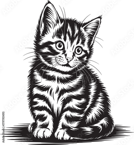 A black and white sketch of a fluffy tabby kitten with wide eyes sits looking forward with a decorative border.