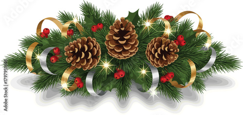 Festive Christmas Garland Decoration with Evergreen Branches, Rustic Pinecones, Shimmering Gold and Silver Ribbons, and Twinkling Lights for Joyful Holiday Celebrations