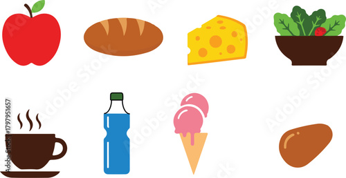 Assorted Food Icons With Apple Bread Cheese Salad Coffee