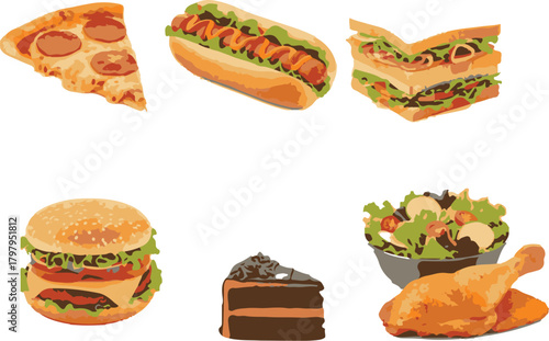 Assorted Food Items Including Pizza Burger Salad And Fried Chicken