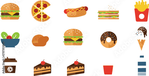 Colorful Flat Food Icons in a Grid on White Background Keywords: burger, hamburger, cheeseburger