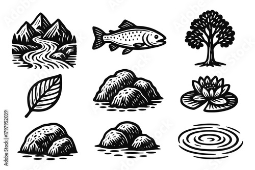 Nature elements in black and white style featuring fish, trees, mountains, and water ripple