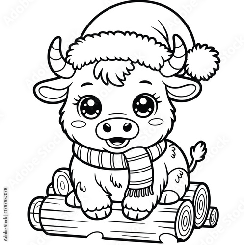 Cute cartoon bull wearing a santa hat and scarf