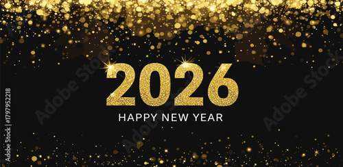 Elegant New Year 2026 celebration banner featuring a cascade of shimmering gold glitter and sparkling typography on a sophisticated black background