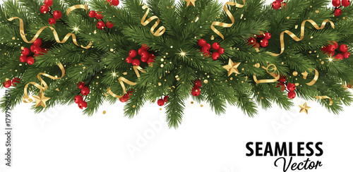 Festive Spruce Garland Adorned with Berries, Ribbons, and Stars