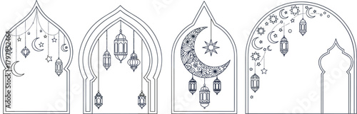 Collection of Ramadan-themed ornamental archways with crescent moon and lantern designs, perfect for Islamic celebrations