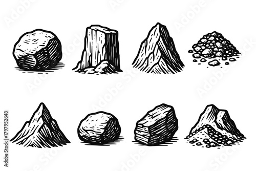 Hand drawn rock and mountain set with unique textures and variations