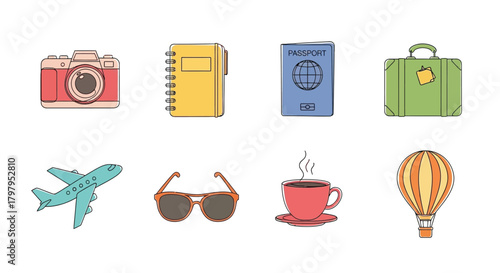 Travel essentials camera passport luggage airplane and other vacation items