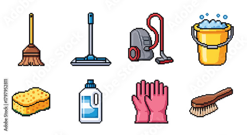 Pixel art cleaning tools collection: broom, mop, vacuum, bucket, sponge, soap, gloves, brush