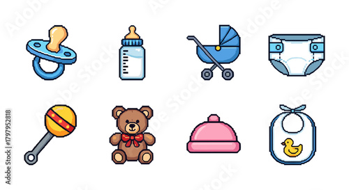 Cute baby essentials icons set featuring toys, accessories, and clothing in cartoon style