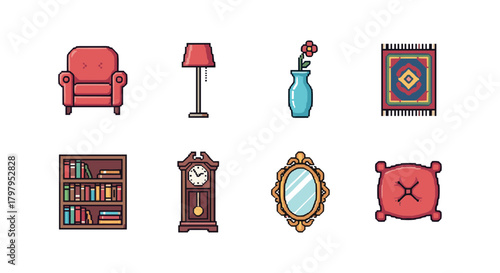 Vintage furniture and decor icons: armchair, lamp, vase, tapestry, bookshelf, clock, mirror, cushion