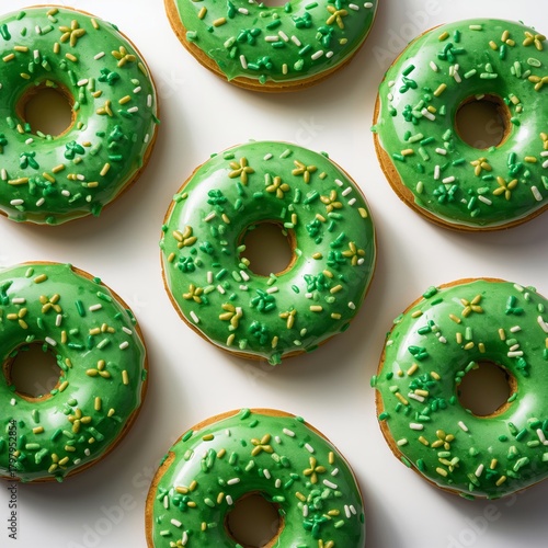 Group of Green Donuts With Sprinkles Arranged on a White Surface for a Festiv...