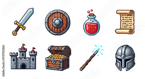 Pixel art medieval icons: sword, shield, potion, scroll, castle, treasure, wand, helmet