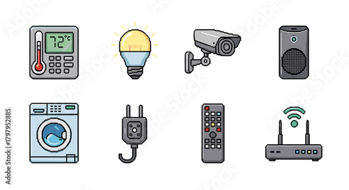 Smart home icon set featuring gadgets and appliances in modern linear style