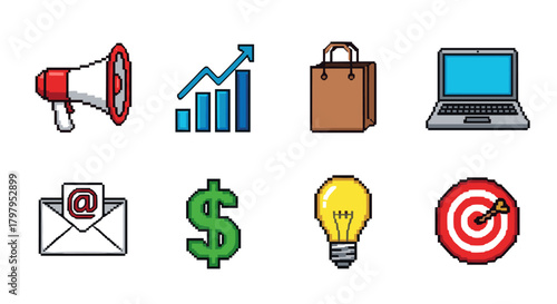 Retro pixel icons of business and technology tools with a vintage gaming style