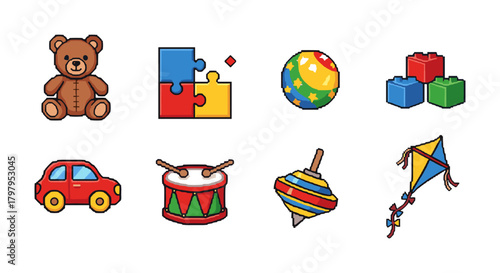 Colorful flat design children's toys collection including teddy bear and puzzle