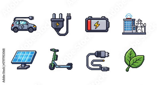 Renewable energy icons: electric car, solar panel, charging cable, and more in pixel art style