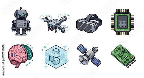 Futuristic technology icons: robots, drones, virtual reality, and more