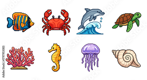 Colorful marine life collection: aquatic animals in pixel art style