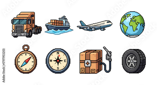 Transportation and logistics icons set featuring vehicles, earth, compass, and tools