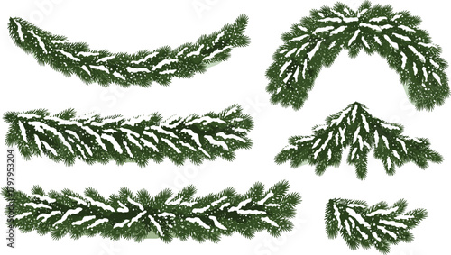 Set of snow-covered fir tree branches and garlands, perfect for winter holiday decorations, Christmas designs, festive borders, and seasonal graphic elements, bringing a frosty touch to any project