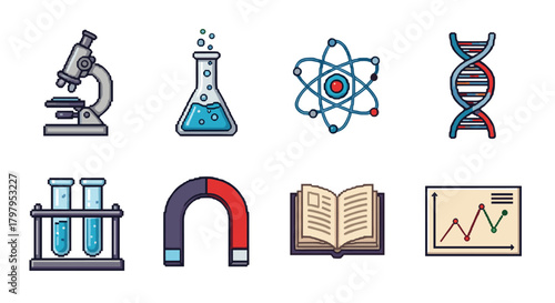 Science and education icons: microscopes, atoms, dna, and more for innovative learning