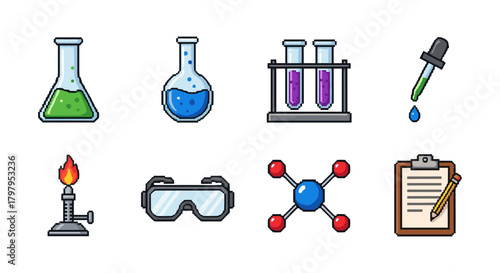 Science lab icons set with test tubes, molecule, and bunsen burner in pixel art style