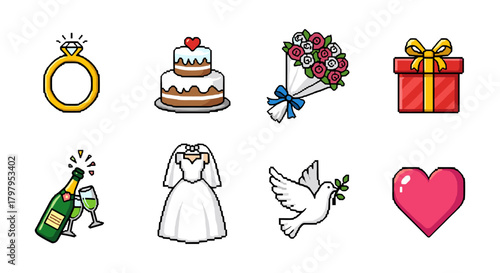 Wedding icons set: ring, cake, bouquet, gift, champagne, dress, dove, heart