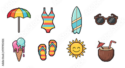 Colorful summer essentials in playful pixel art style