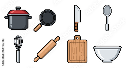 Pixel art kitchen utensils set: pot, cutting board, rolling pin, knife, and more