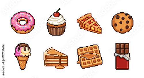 Pixel art desserts: donut, cupcake, pie, cookie, and more sweet treats
