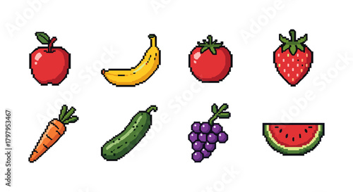 Colorful pixel art fruits and vegetables set for retro gaming and design projects