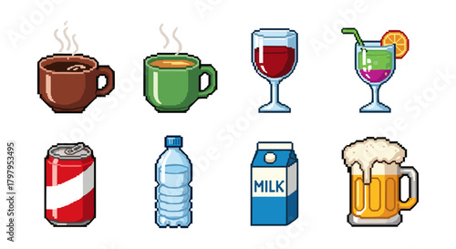 Pixel art beverage icons: coffee, tea, wine, cocktails, milk, water, soda, beer