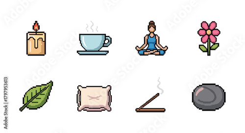 Pixel art wellness icons: meditation, tea, candle, nature elements for holistic relaxation
