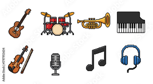 Pixel art musical instruments set: guitar, drums, trumpet, piano, violin, microphone, notes, headphones