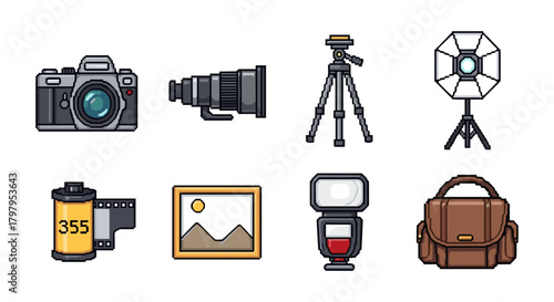 Pixel art photography icons: camera, lens, tripod, flash, film, bag