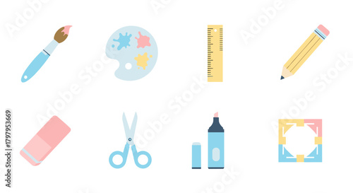 Creative art tools collection: flat design of brushes, palette, ruler, pencil, and more