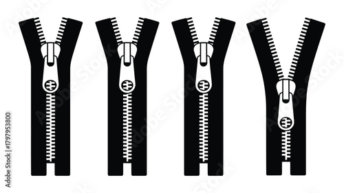 Zipper icon set showing various states of open and closed, essential fastening mechanism for clothing, bags, and apparel, simple vector illustration