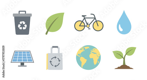 Eco-friendly icons set featuring recycling, sustainability, and green energy