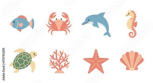 Flat marine life icons featuring fish, dolphin, and coral on white background