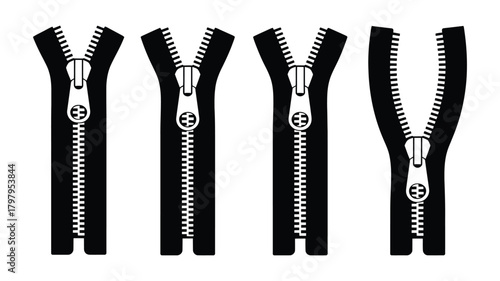Set of four black metal zippers with silver pulls, shown in different opening and closing states, for clothing, bags, and accessories design