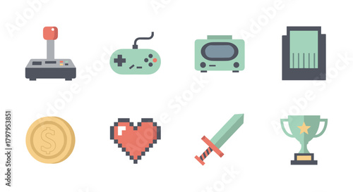 Retro gaming icons: pixel art style with joystick, gamepad, and more