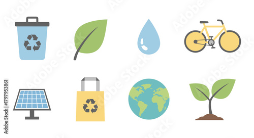 Eco-friendly icons set featuring recycling, sustainability, and renewable energy elements