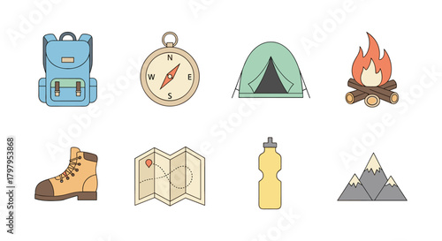 Outdoor adventure icons: backpack, compass, tent, campfire, and more